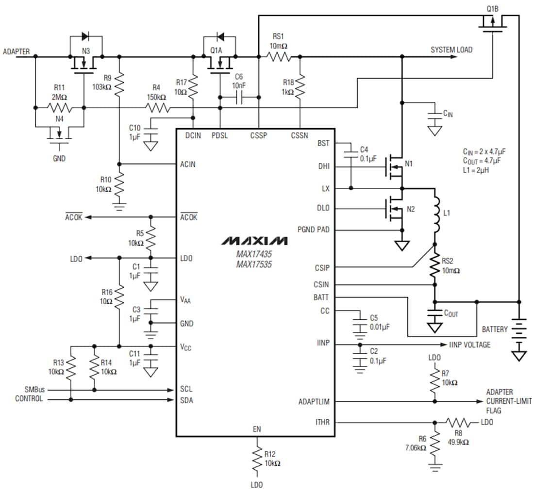 Application Circuit Diagram - Analog Devices / Maxim Integrated MAX17435 SMBus Chargers