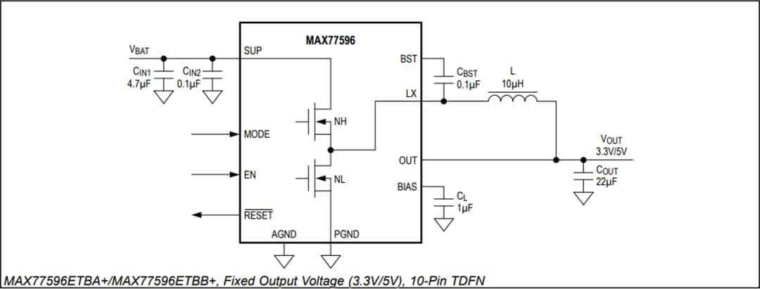 Application Circuit Diagram - Analog Devices / Maxim Integrated MAX77596 Synchronous Step-Down Buck Converter