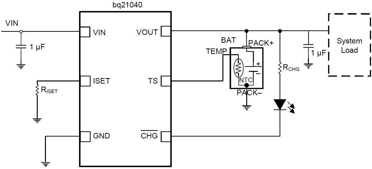 Schematic - Texas Instruments bq21040 Li-Ion & Li-Pol Battery Charger