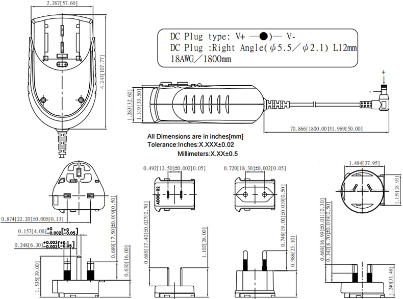 Mechanical Drawing - Cincon TRG30R V Series Switching Adapters