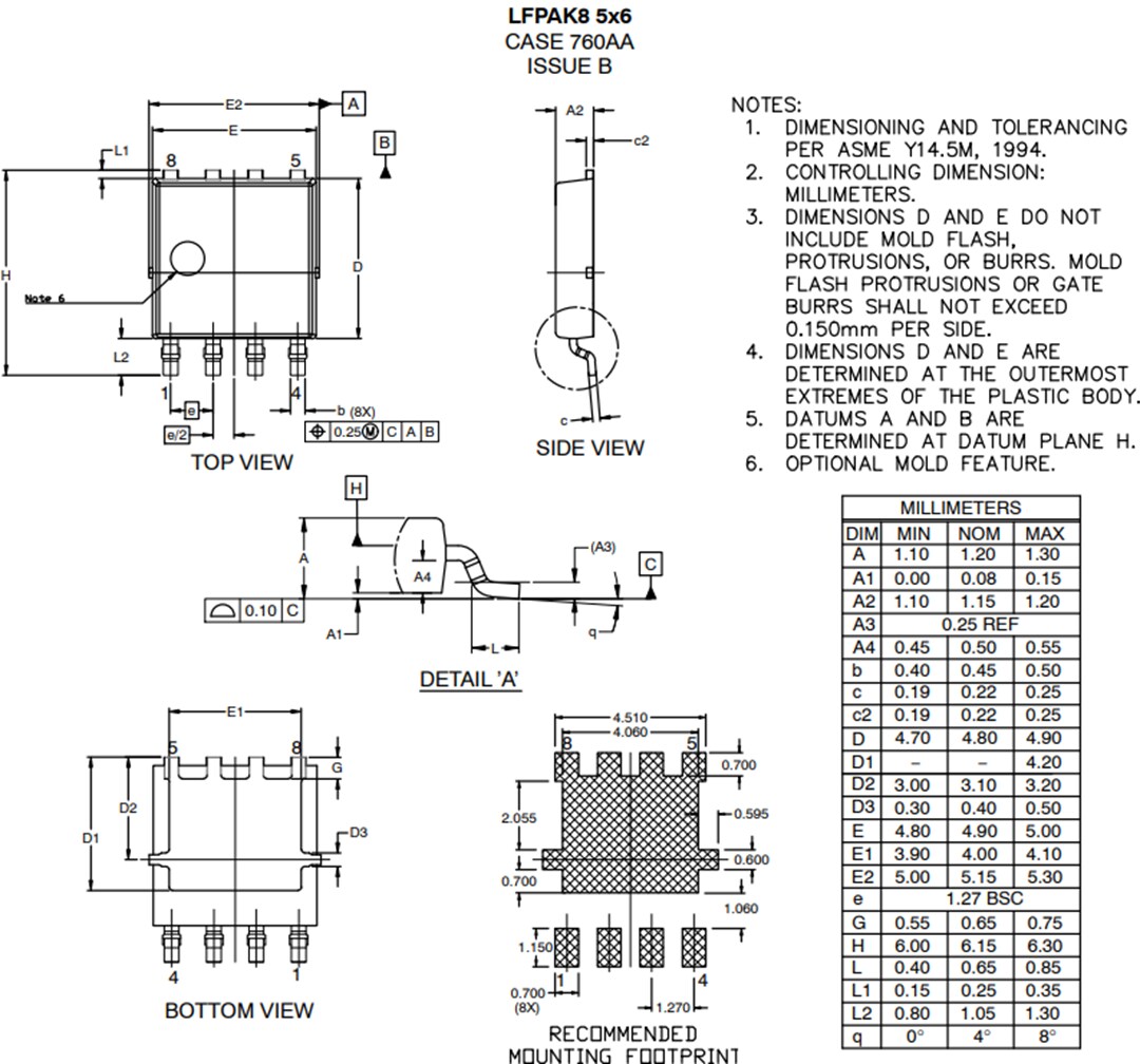 Mechanical Drawing - onsemi LFPAK8 Automotive N-Channel Power MOSFETs