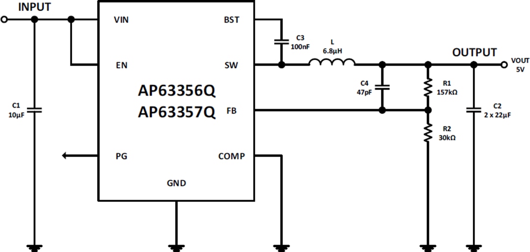 Application Circuit Diagram - Diodes Incorporated AP6335xQ Automotive Synchronous Buck Converters