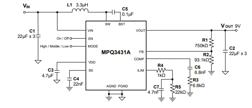 Application Circuit Diagram - Monolithic Power Systems (MPS) MPQ3431A-AEC1 Synchronous Boost Converters