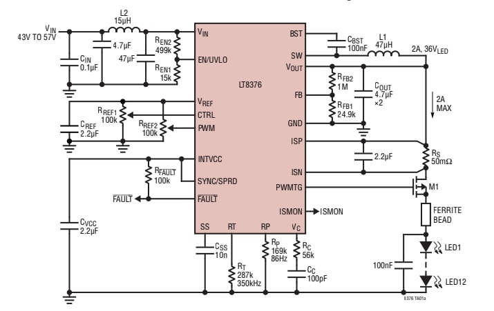 Application Circuit Diagram - Analog Devices Inc. LT8376 Synchronous Step-Down LED Driver