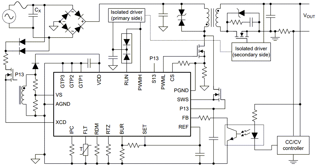 Application Circuit Diagram - Texas Instruments UCC28781/UCC28781-Q1 ZVS Controller