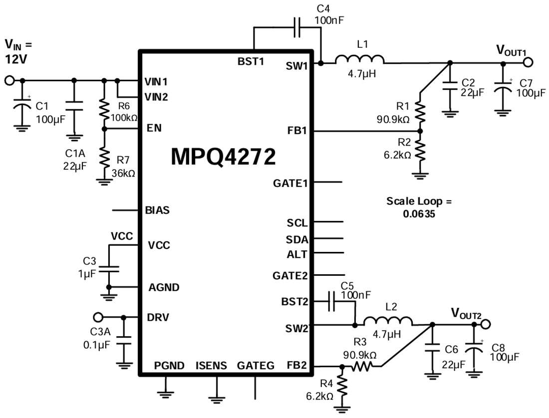 Application Circuit Diagram - Monolithic Power Systems (MPS) MPQ4272 Dual Buck Converters With I2C Interface