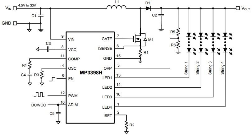 Application Circuit Diagram - Monolithic Power Systems (MPS) MP3398H Series Step-Up WLED Controllers
