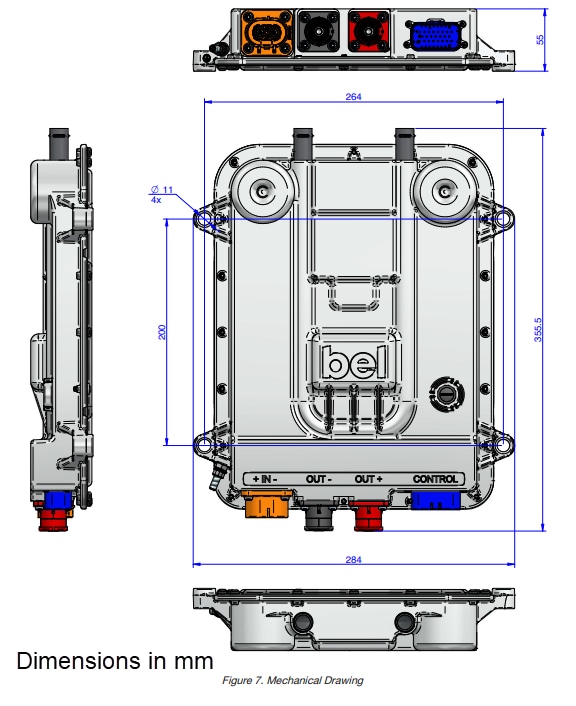 Mechanical Drawing - Bel Power Solutions eMobility 2nd Gen Liquid-Cooled DC-DC Converters Mechanical Drawing - Bel Power Solutions eMobility 2nd Gen Liquid-Cooled DC-DC Converters