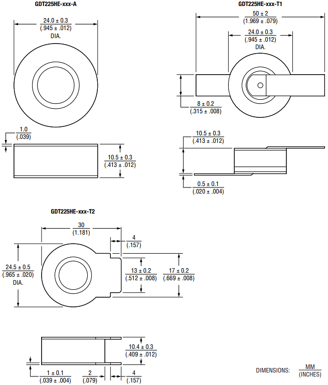 Mechanical Drawing - Bourns GDT225HE High Energy Gas Discharge Tube Arrestors