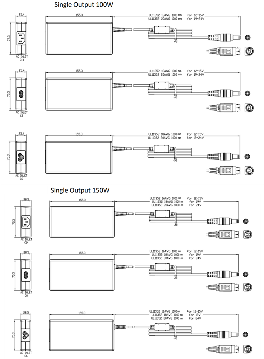 Mechanical Drawing - COSELSYNC CXLA 100W & 150W Medical AC Adapters