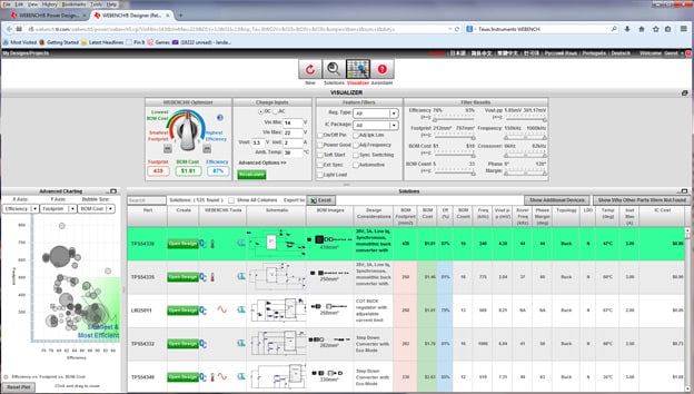 Screenshot of TI's WEBENCH Power Designer Tool