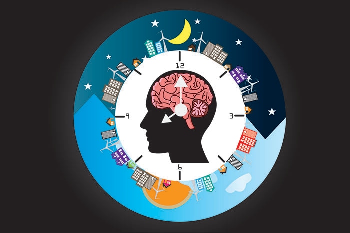 human brain in center of clock with city showing all times of day