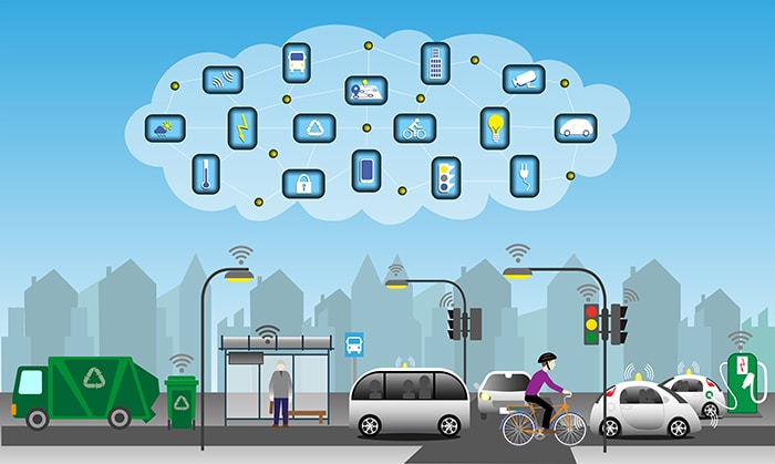 Internet of Things for smart city. Sensors in garbage cans for pickup time. Real-time traffic sensors to optimize traffic flow. Autonomous vehicles. Sensors for environmental condition. Vector ill.