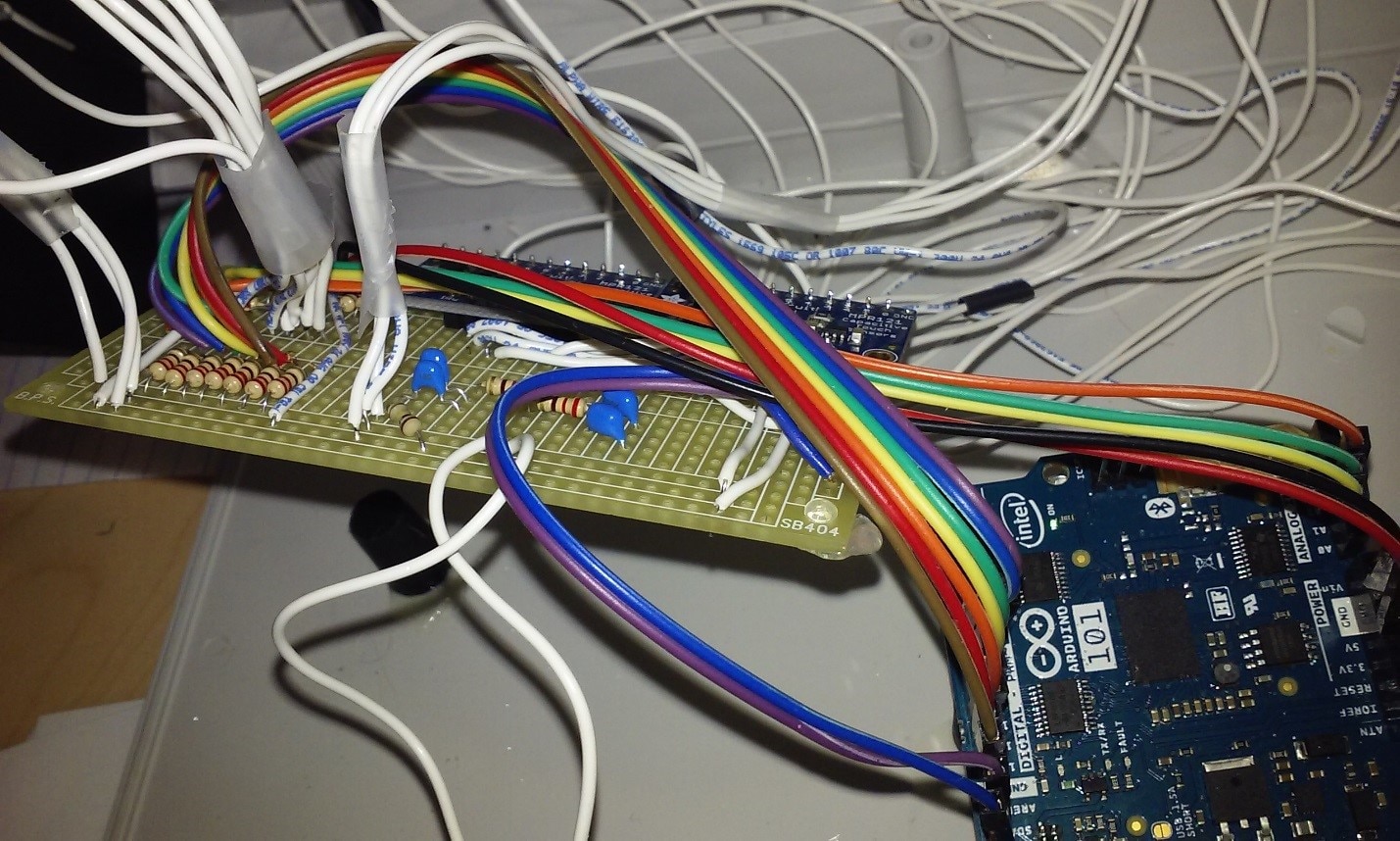 The wired protoboard and Arduino.