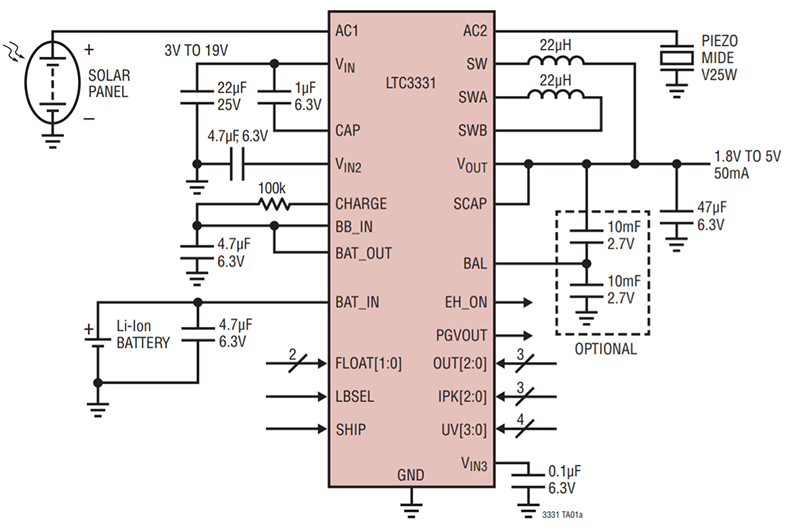 Circuit schematic for the LTC3331 in a typical application