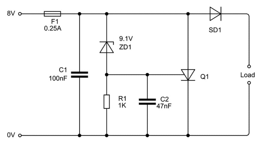 Crowbar circuit with overvoltage protection set at 9.1 V
