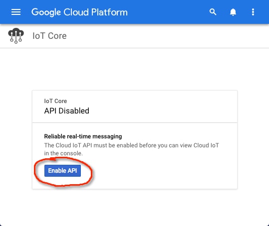 Screen showing the Enable API button on the Google Cloud Platform for the IoT Core API