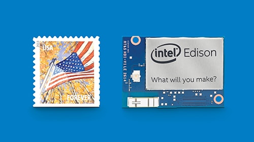 size comparison of the Intel Edison to a postage stamp