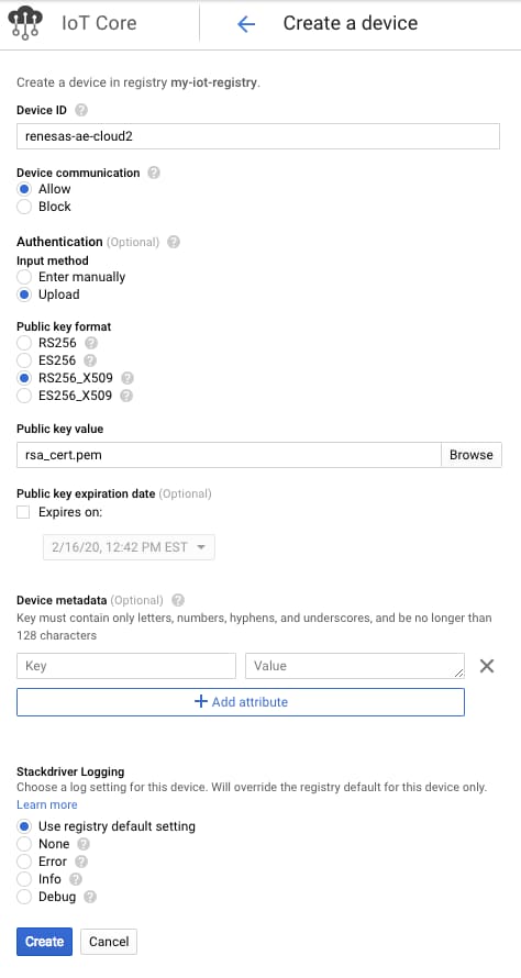 Enter your IoT Core device settings to add your AE-CLOUD2 board as a recognized device that can publish sensor data messages in Google Cloud.