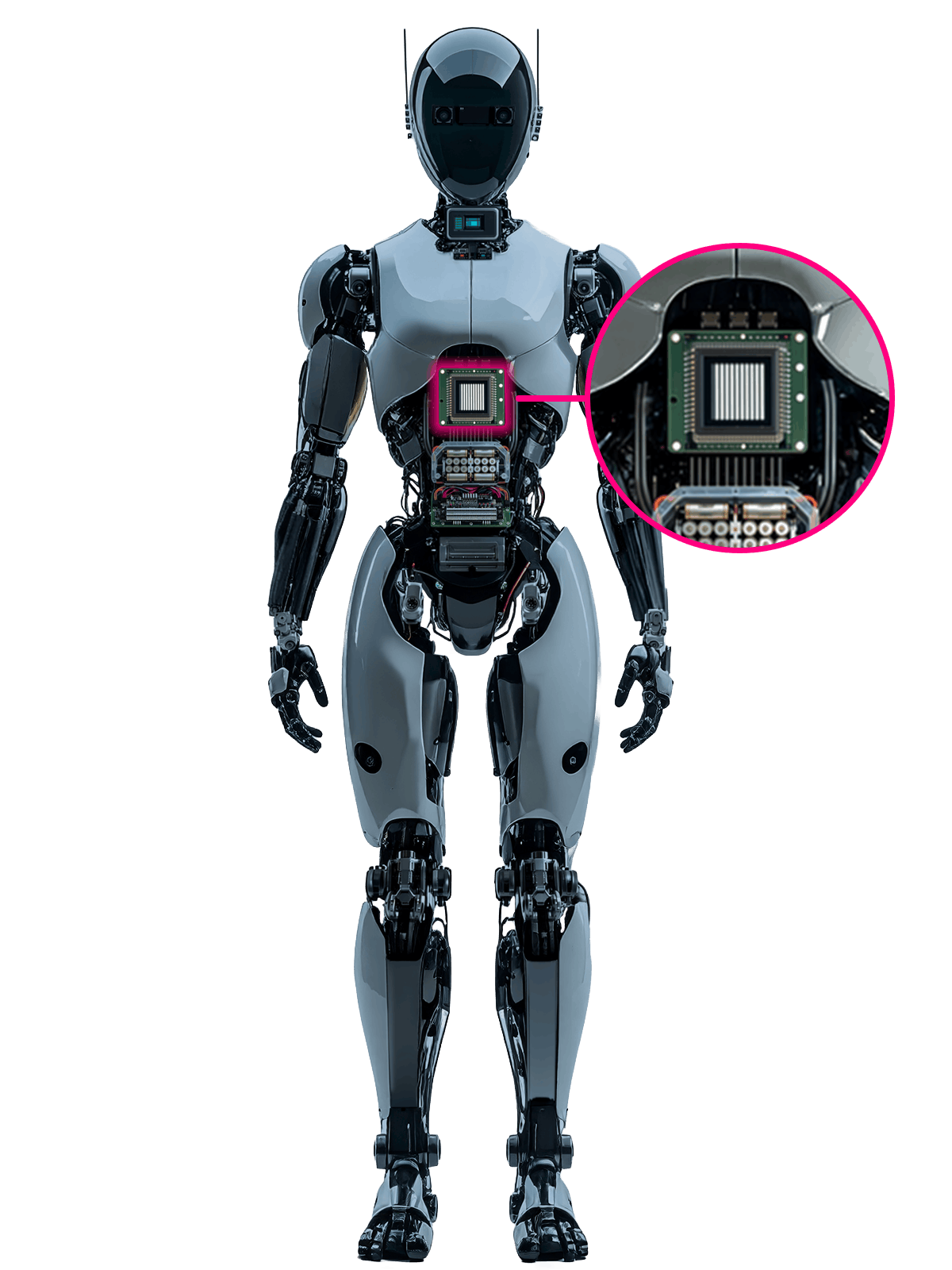Humanoid robot with the computing subsystem highlighted in a pink outline.
